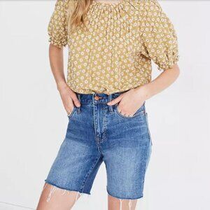 Madewell Womens Blue High Rise Denim Mid Length Shorts Raw Hem Size 26